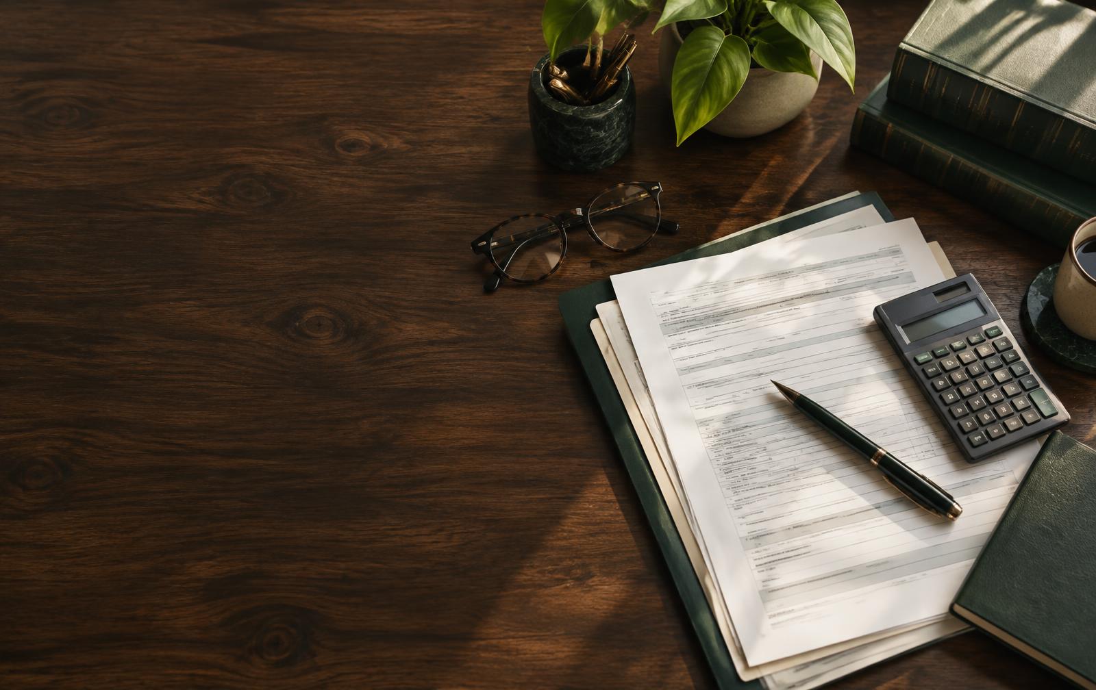 Organized tax documents and calculator on a professional desk